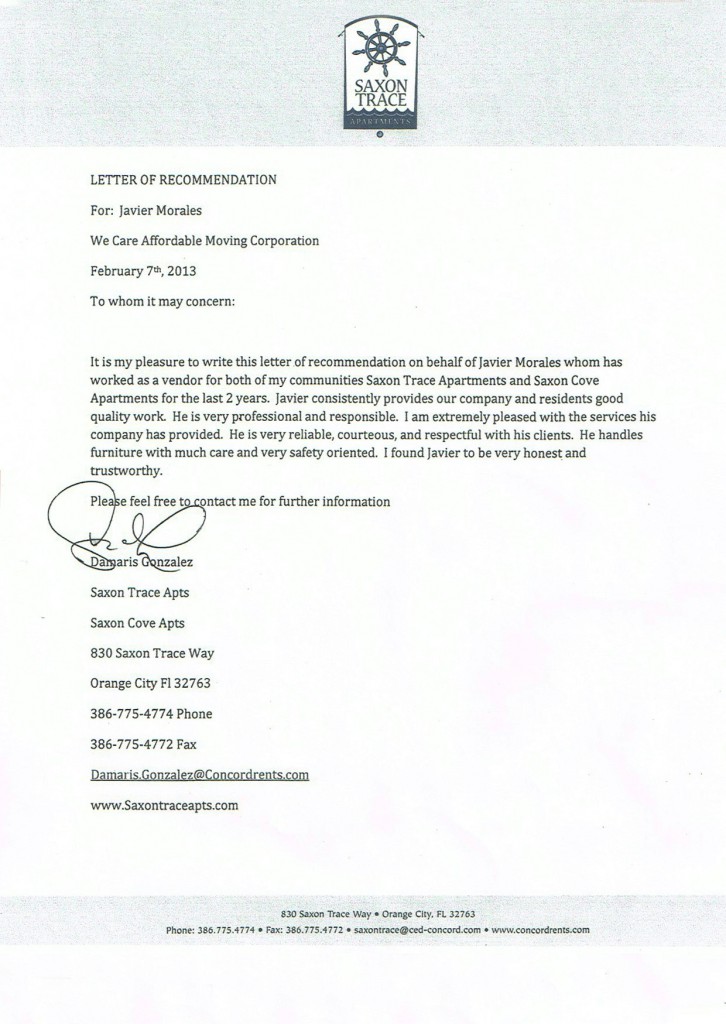 Letter of recommendation for best rated moving company in Central Florida